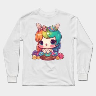 Kawaii Easter Bunny Girl In Basket With Spring Rainbow Flowers Long Sleeve T-Shirt